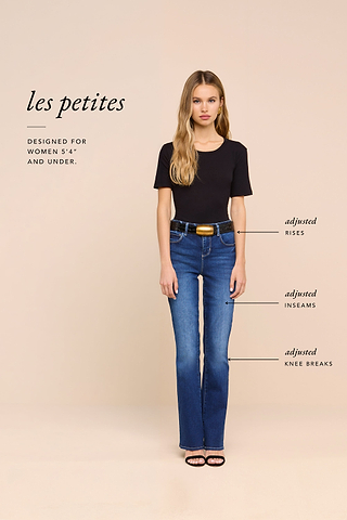 A woman in a black top and blue jeans stands against a beige background. Text reads les petites, with lines pointing to adjustments for rises, inseams, and knee breaks for women 54 and under.