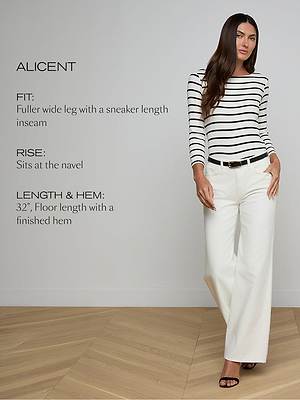 Woman wearing a black and white striped sweater and white pants with product details on a gray background