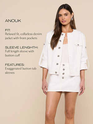 A woman models a white, collarless denim jacket with front pockets over a matching skirt and top. Text beside her describes the jacket’s relaxed fit, full-length sleeves with button cuffs, and exaggerated button tab sleeves.