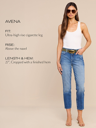 Woman wearing sunglasses, a white tank top, and cropped blue jeans with a belt stands against a beige background. Text describes jeans as ultra-high rise cigarette leg, above the navel, 27 length, finished hem.