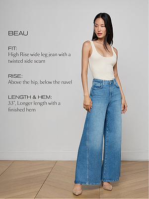 A woman wearing a white tank top and high-rise wide-leg blue jeans stands in a minimal room. Text describes the jeans’ fit, rise above the hip, and 33-inch length with a finished hem.