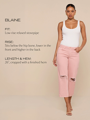 A woman in a white tank top and pink cropped, ripped jeans stands against a beige background. Text beside her describes the fit, rise, and length of the jeans, named BLAINE.