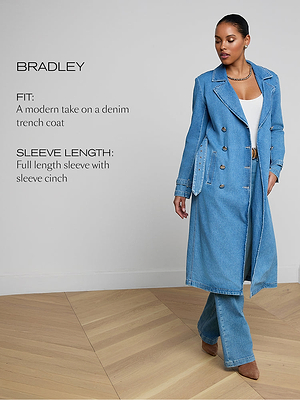 Woman wearing a blue denim trench coat with text describing the fit and sleeve length on a plain background.