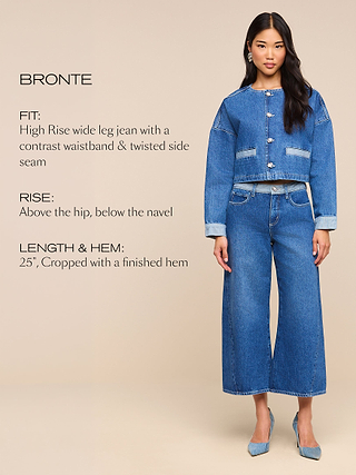 Woman wearing a denim jacket and high-rise wide-leg jeans with a contrast waistband, twisted side seam, cropped above the ankles, and blue heels. Text describes fit, rise, and hem details against a beige background.