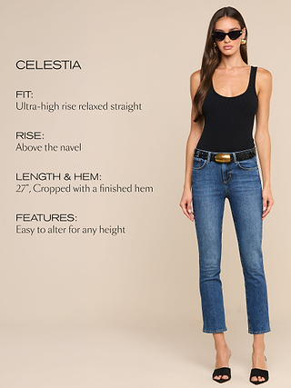 Woman in black tank top, sunglasses, and blue jeans stands next to text describing the jeans: ultra-high rise, relaxed straight fit, cropped 27-inch length, finished hem, and easy alteration for any height.