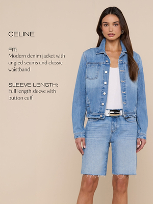 Eine Frau trägt eine hellblaue Jeansjacke über einem weißen Oberteil und dazu passende knielange Jeansshorts. Der Text auf der linken Seite lautet: CELINE. Passform: Moderne Jeansjacke mit schrägen Nähten und klassischem Bund. Ärmellänge: Durchgehender Ärmel mit Knopfmanschette.