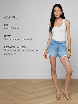 Woman wearing denim shorts with product details on a plain background