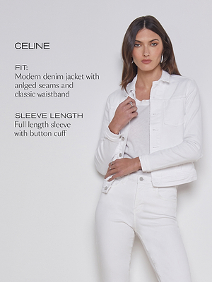 A woman wearing an all-white outfit, including a modern denim jacket with angled seams and a classic waistband, poses against a light background. Text beside her describes the fit and sleeve length of the jacket.