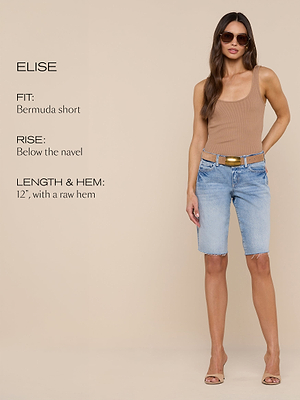 A woman wearing sunglasses, a tan tank top, and light blue Bermuda shorts with a raw hem stands against a beige background. Text beside her describes the shorts: FIT: Bermuda short, RISE: Below the navel, LENGTH  HEM: 12, with a raw hem.