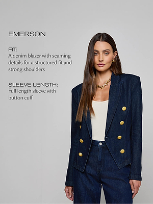A woman with long brown hair wears a dark denim blazer with gold buttons over a white top and matching denim pants. Text describes the blazers fit as structured with full-length sleeves and button cuffs.