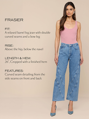 Eine Frau trägt eine hellblaue Röhrenjeans mit geschwungenen Nähten und ein rosa Tank-Top. Der Text beschreibt die Passform, die Leibhöhe, die Länge, den Saum und die Nahtdetails der Jeans vor einem beigen Hintergrund.