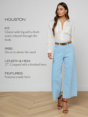 A woman wears light blue wide-leg cropped jeans, a white button-up shirt, and brown heels. Text highlights the jeans fit classic wide leg, relaxed, rise high, length 27 cropped, and wide hem feature.