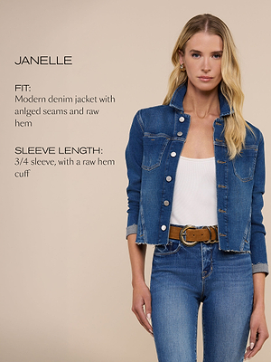 Eine Frau modelliert eine moderne Jeansjacke mit abgewinkelten Nähten und rohem Saum, die sie über ein weißes Oberteil und eine Jeans trägt. Der Text neben ihr beschreibt die Passform der Jacke und die 3/4-Ärmellänge mit rohen Bündchen.