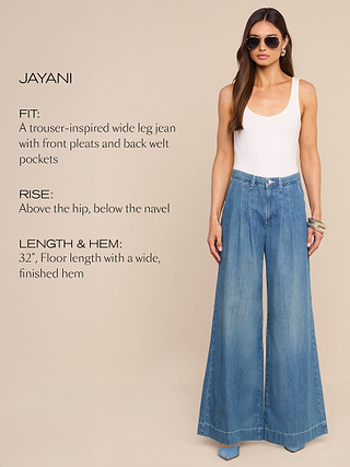 Woman wearing wide-leg, high-rise jeans with front pleats and back welt pockets, floor-length hem, and a white tank top. Text details fit, rise, and length. She accessorizes with sunglasses and bangles, standing against a beige background.