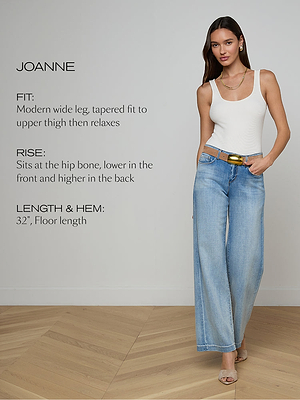 Woman wearing light blue jeans and a white top on a plain background