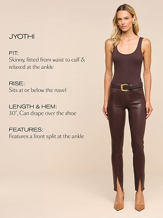 A woman models dark brown skinny pants with a front ankle split, paired with a sleeveless brown top and beige heels. Text beside her describes the pants fit, rise, length, hem, and features.
