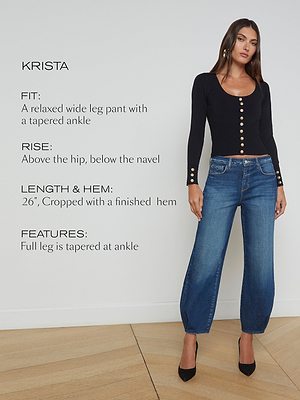 A woman stands against a white wall wearing a black long-sleeve top and blue cropped wide-leg jeans with a tapered ankle. Text on the left describes the jeans’ fit, rise, length, hem, and features.