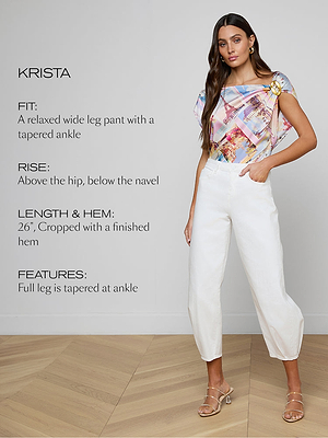 Woman modeling white cropped wide-leg pants with a tapered ankle and a colorful printed top. She stands on a wooden floor with hand in pocket. Text beside her describes the pants’ fit, rise, length, and features.
