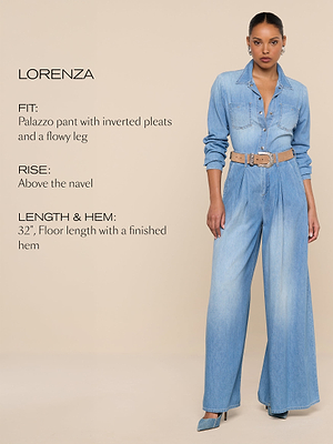 A woman models light denim palazzo pants with inverted pleats, a tan belt, and a matching denim shirt. Text beside her describes the fit, rise above the navel, and floor-length hem of the pants.