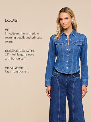 A woman wears a fitted blue jean shirt with faux front pockets and wide-leg jeans. Text describes the shirts fit, sleeve length 23, and features. The background is light beige.