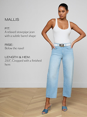 Woman wearing light blue jeans with product details on a plain background