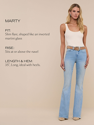 A woman wearing a white tank top and light blue flared jeans stands against a beige background. Text describes the jeans’ fit as a slim flare, rise at or above the navel, and a 35-inch long length, ideal with heels.
