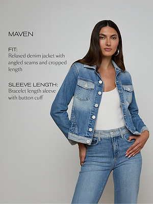 Woman wearing a denim jacket and jeans with product details on a gray background