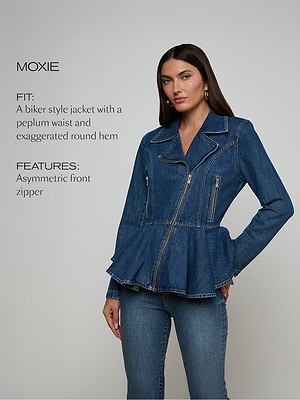 Woman wearing a denim peplum jacket with text describing the fit and features on a gray background