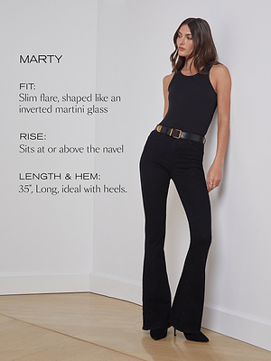 A woman in a black sleeveless top and slim flare black pants stands in a corner. Text describes the pants’ fit, rise, and length, noting a slim flare shape, high rise, and long 35 hem ideal for heels.