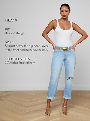 Woman wearing light blue jeans with text about the NEVIA jeans on a white background