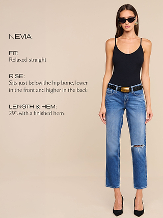 Woman wearing sunglasses, a black tank top, and blue relaxed straight jeans with a rip on one knee, standing against a beige background. Text describes the fit, rise, and length of the jeans.
