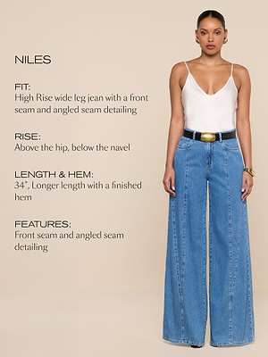 A woman wearing high-rise wide-leg jeans and a white tank top stands against a beige background. Text describes the jeans fit, rise, length, hem, and features, including front seam and angled seam detailing.