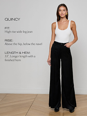 A woman stands against a plain background wearing a fitted white tank top and high-rise, wide-leg black pants. Text describes the pants fit, rise, and length, labeled QUINCY.