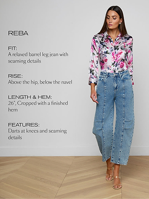 Woman wearing a floral blouse and blue jeans with product details on a white background