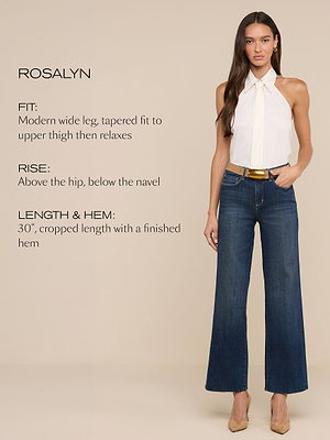 Eine Frau trägt eine blaue Jeans mit weitem Bein, einen braunen Gürtel und ein ärmelloses weißes Oberteil. Der Text beschreibt die Passform, die Leibhöhe und die Länge der Jeans auf einem beigen Hintergrund.