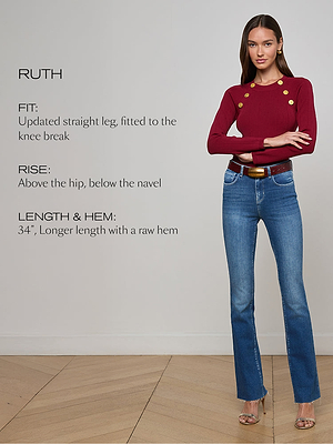 A woman stands indoors wearing a red long-sleeve top with gold buttons and high-rise blue straight-leg jeans with a raw hem. Text describes the jeans fit, rise, and hem details.