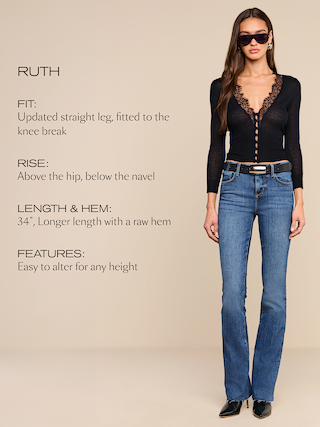 Woman in sunglasses wears a black lace-trim top and straight-leg blue jeans with a raw hem. Text describes the jeans fit, rise, length, and features on a beige background.