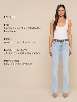 A woman stands against a beige background wearing a white tank top and light-wash straight-leg jeans with a raw hem. Text beside her describes the jeans fit, rise, length, hem, and features.