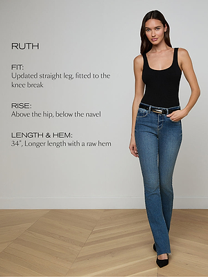 Woman wearing blue jeans and a black top with product specifications on a white background