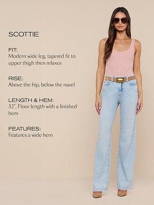 A woman in sunglasses, a pink tank top, and light blue wide-leg jeans stands against a beige background. Text describes the jeans’ fit, rise, length, hem, and wide hem feature.