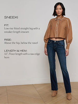 A woman stands against a plain wall wearing a brown button-up blouse and blue straight-leg jeans with a raw hem. Text beside her describes the jeans fit, rise, and length details.