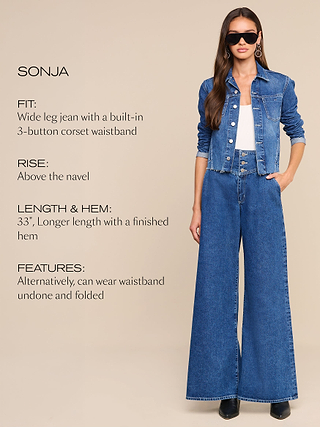 Woman wearing a blue denim jacket and wide-leg jeans, white top, and black shoes stands confidently. Text describes jean features: wide leg, 3-button waistband, above navel rise, 33 hem, and optional undone waistband styling.