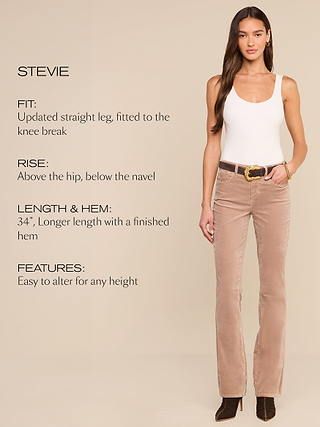 A woman in a white tank top and beige straight-leg pants stands in front of a tan background. Text beside her describes the pants fit, rise, length, hem, and ease of alteration.