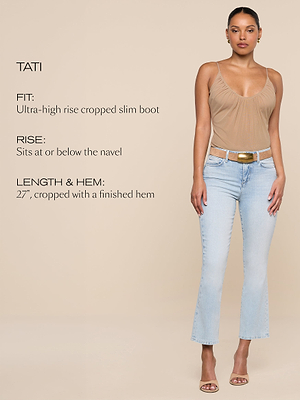 A woman wearing a tan sleeveless top and light-wash cropped jeans stands against a beige background. Text describes the jeans: ultra-high rise, cropped slim boot, sits at or below the navel, 27-inch finished hem.
