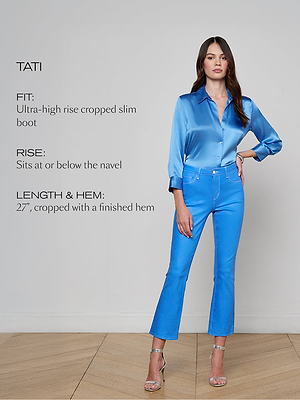 Woman wearing a blue outfit with text describing the fit, rise, and length of the pants.