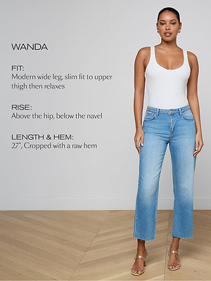 Woman wearing blue jeans and a white top with product details on a plain background