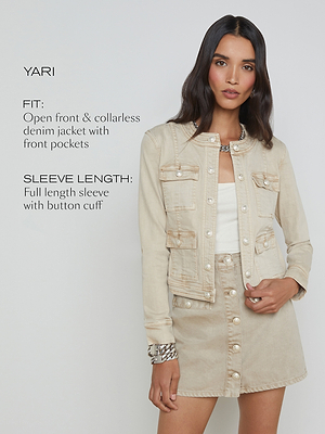 A woman wears a beige, open-front, collarless denim jacket with front pockets and button cuffs, paired with a matching denim skirt. Text describes the jackets fit and sleeve length.