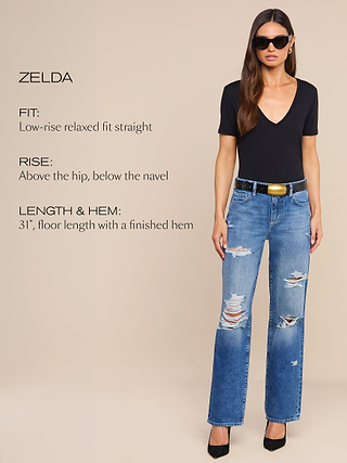 Woman in sunglasses and black top models distressed blue jeans. Text describes the jeans: low-rise relaxed fit, rise above the hip, finished 31 hem. She wears black heels and a black belt with a gold buckle, standing against a plain background.