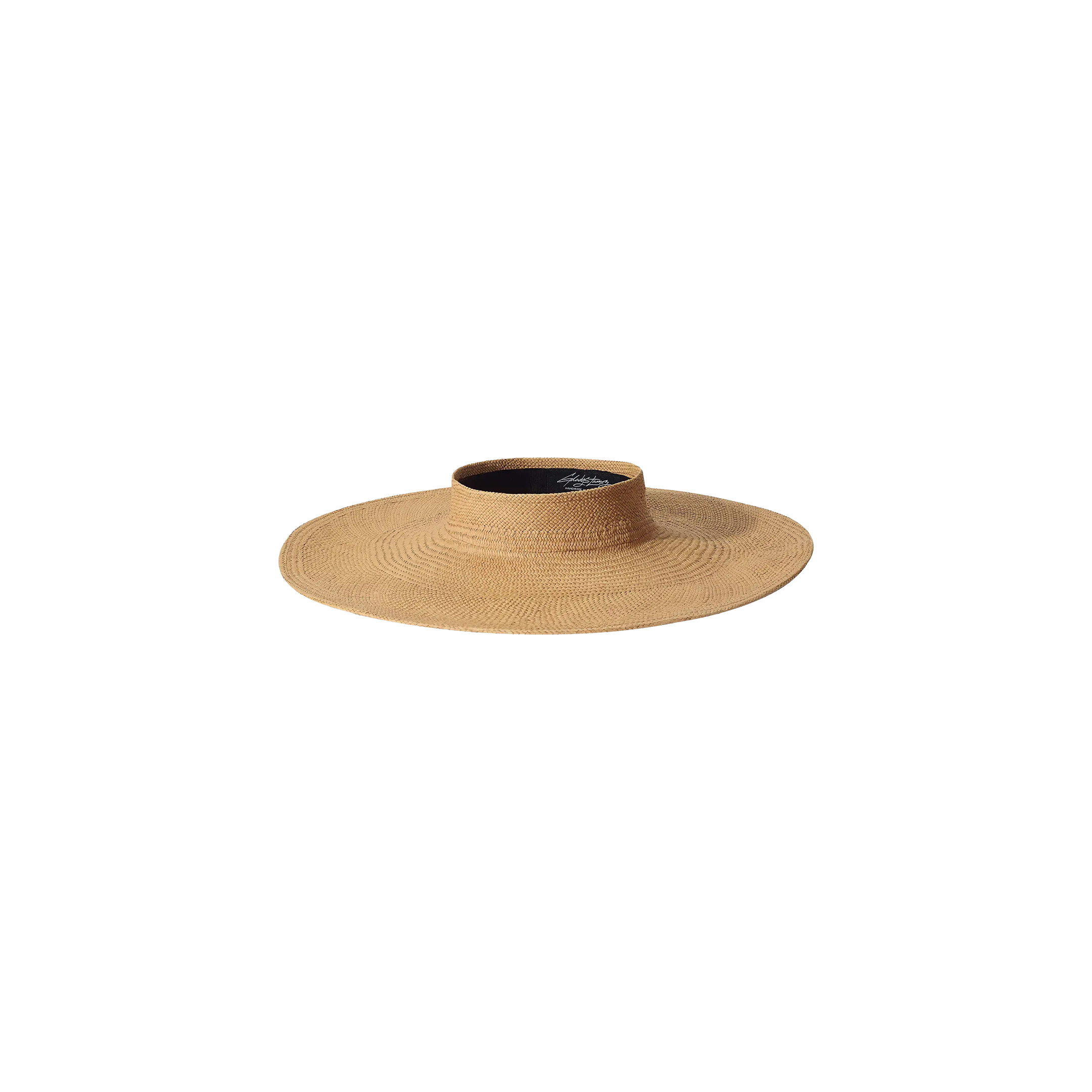 The Flor Visor is a wide-brimmed, natural straw sun hat with an open crown, expertly handcrafted for sun protection, displayed on a plain white background.