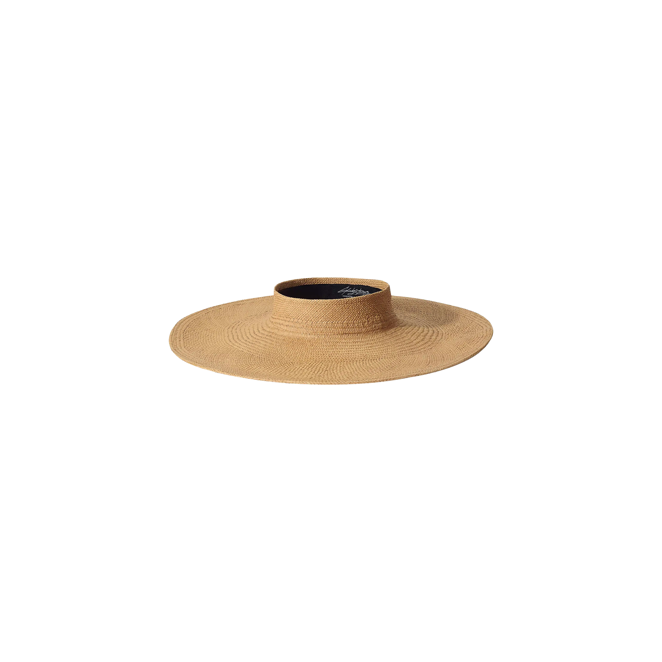The Flor Visor is a natural-colored straw sun hat with a flat wide brim and an open crown, expertly handcrafted to provide comfortable sun protection, shown on a white background.
